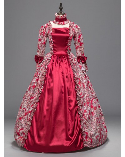Women Victorian Dress Costumes Red 's Floral Print Bow Ruffle Long Sleeves Ball Gown With Choker Marie Antoinette Costume Masquerade Viactorian Era Clothings Costumes Sets Vintage Baroque