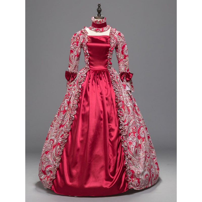 Women Victorian Dress Costumes Red 's Floral Print Bow Ruffle Long Sleeves Ball Gown With Choker Marie Antoinette Costume Masquerade Viactorian Era Clothings Costumes Sets Vintage Baroque