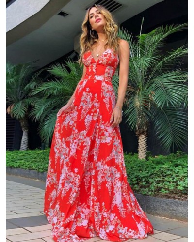 Women Red Maxi Dresses Floral Print V-Neck Backless Floor Length Summer Dress