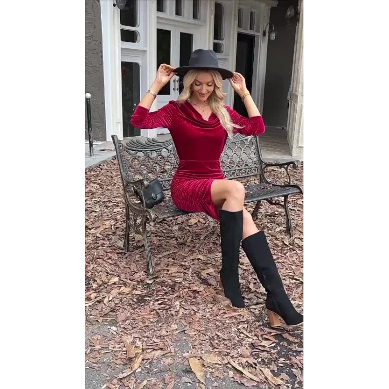 Women Velvet Dress Burgundy Long Sleeves Cowl Neck Mini Dresses Bodycon Spring Fall