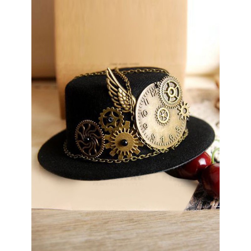 Vintage Lolita Hat Black Wing Gear Chains Deco Retro Lolita Cap CapsHats Steampunk Daily Casual