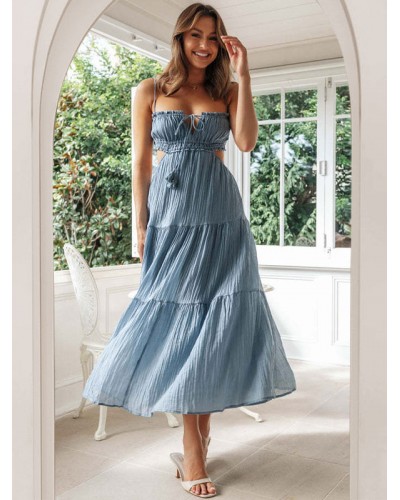 Summer Dress Straps Neck Lace Up Layered Yellow Long Beach Dress Maxi Rave Club Resort Wear