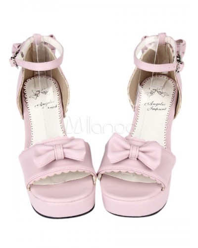 PU Leather Pink Open Toe Mid Heel Round Toe Lolita Sandals