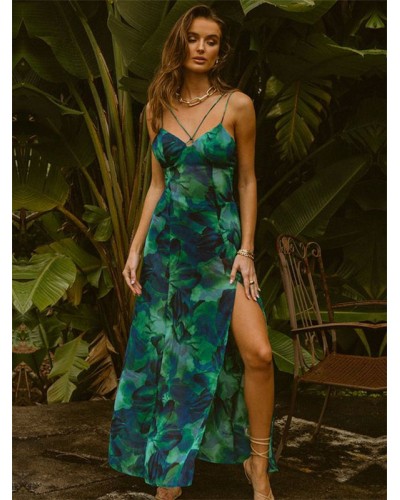 Print Dresses Printed Halter Backless Lace Up V-Neck Sleeveless Zipper Side Slit Sexy Long Dress Maxi Spring Summer Fall