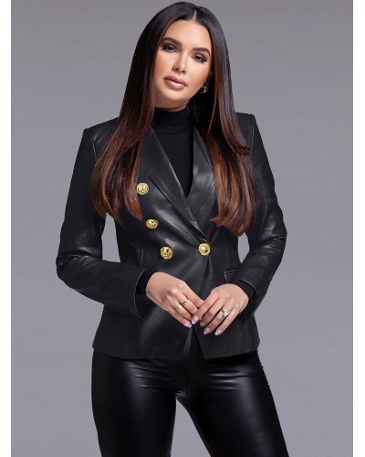 Women Faux Leather Blazer Jacket Metallic Gold Long Sleeve Turndown Collar Double Breasted Lapel Slim Fit Modern Outerwear Casual Spring Fall Winter Street Wear Indoor Field