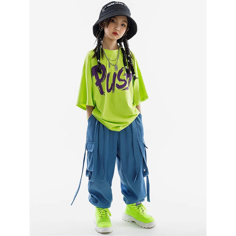 Dance Costumes Kid's Grass Green Unisex Top Pants Set Cotton Street Costume Hip Hop Dancing Party Ball