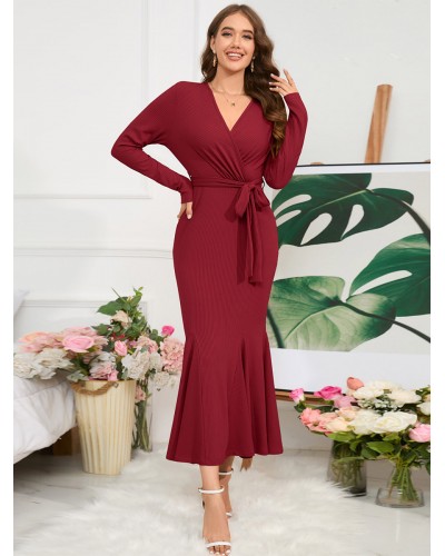 Mermaid Dresses V-Neck Long Sleeves Ruffles Chic Warp Dress Bodycon Spring Winter