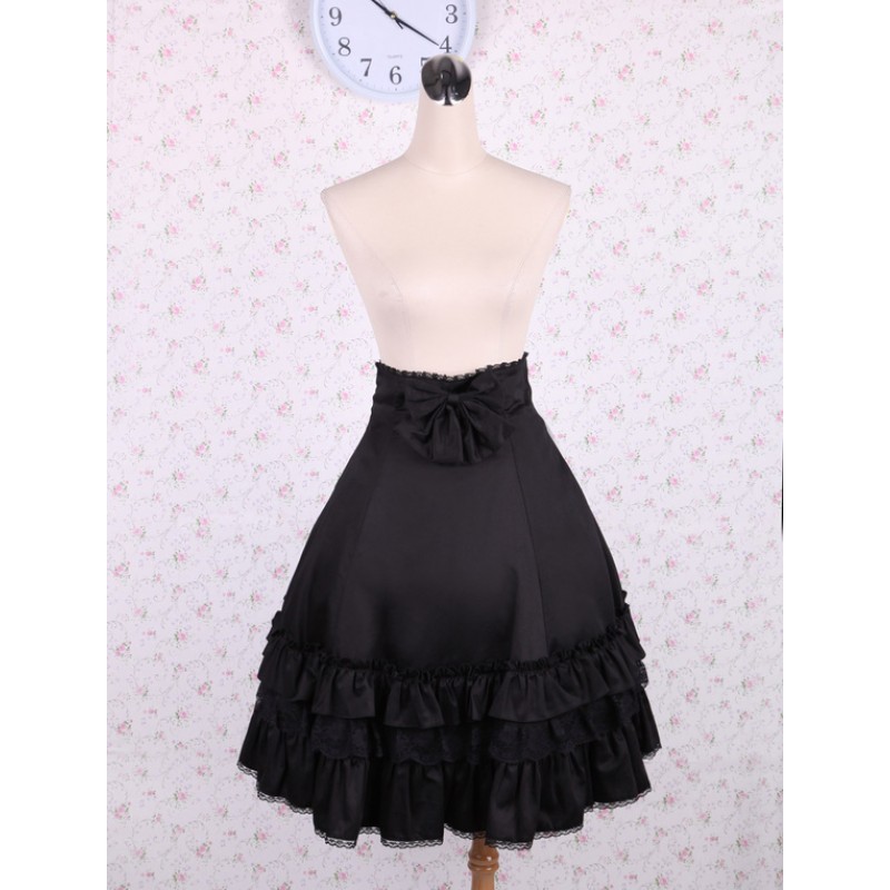 Elegant Black High Waist Lolita Skirt Ruffles Bow And Lace Trim Summer Daily Casual