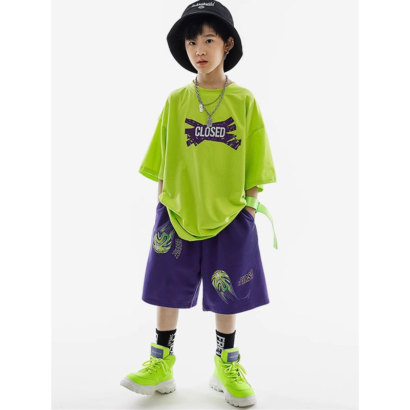 Dance Costumes Kid's Grass Green Unisex Pants Top Set Cotton Street Costume Hip Hop Dancing Party Ball