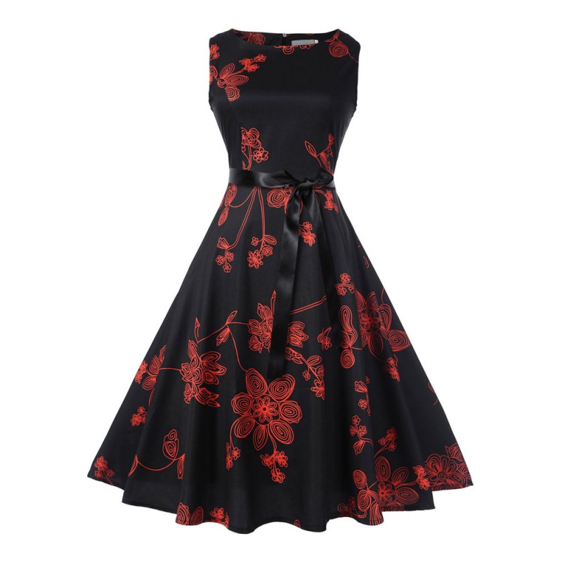 Women Black Vintage Dress 1950s Audrey Hepburn Style Printed Sleeveless Sash Slim Fit Summer Swing Dress Daily Casual