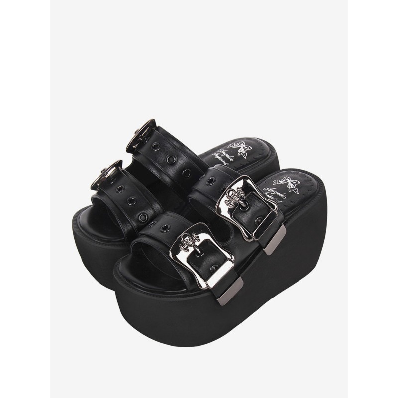 Lolita Sandals Round Toe PU Leather Black Lolita Summer Shoes Gothic Daily Casual