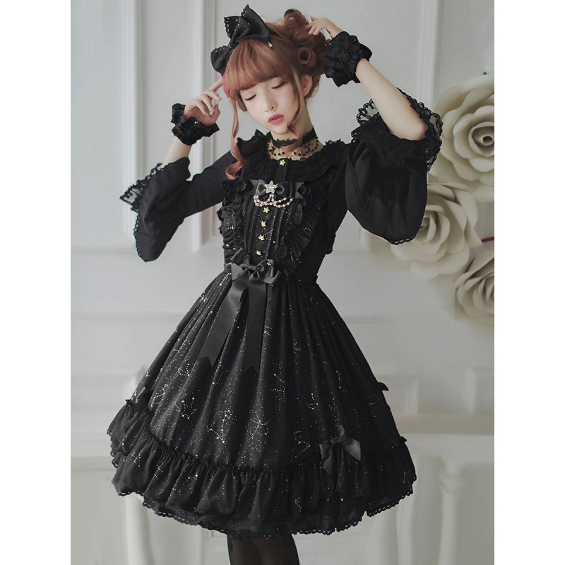 Gothic Lolita Dresses Ruffles Bows Stars Print Black Black
