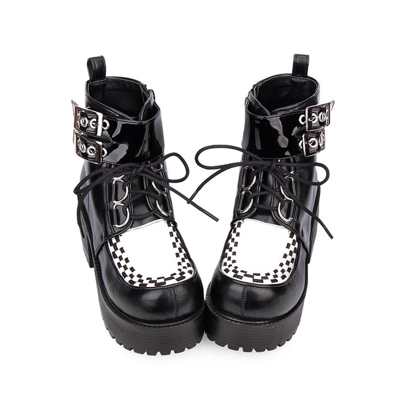 Lolita Boots Metallic Buckle Lace Up Platform Checkered Black Lolita Booties Punk Daily Casual Tea Party