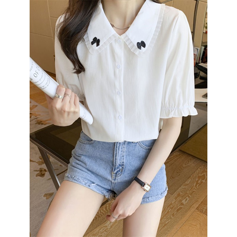 Lolita Blouses White Lolita Top Short Sleeves Bows Lace Lolita Shirt Sweet Spring Summer Fall