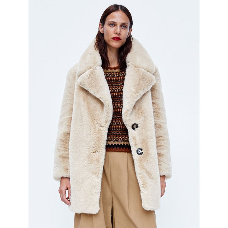 Faux Fur Coats Long Sleeves Casual Turndown Collar Apricot Winter Coat Faux Fur Coat