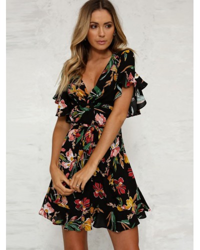 Little Black Dress Floral V Neck Ruffles Short Sleeve Printed Summer Mini Dress Chic  Modern Beach