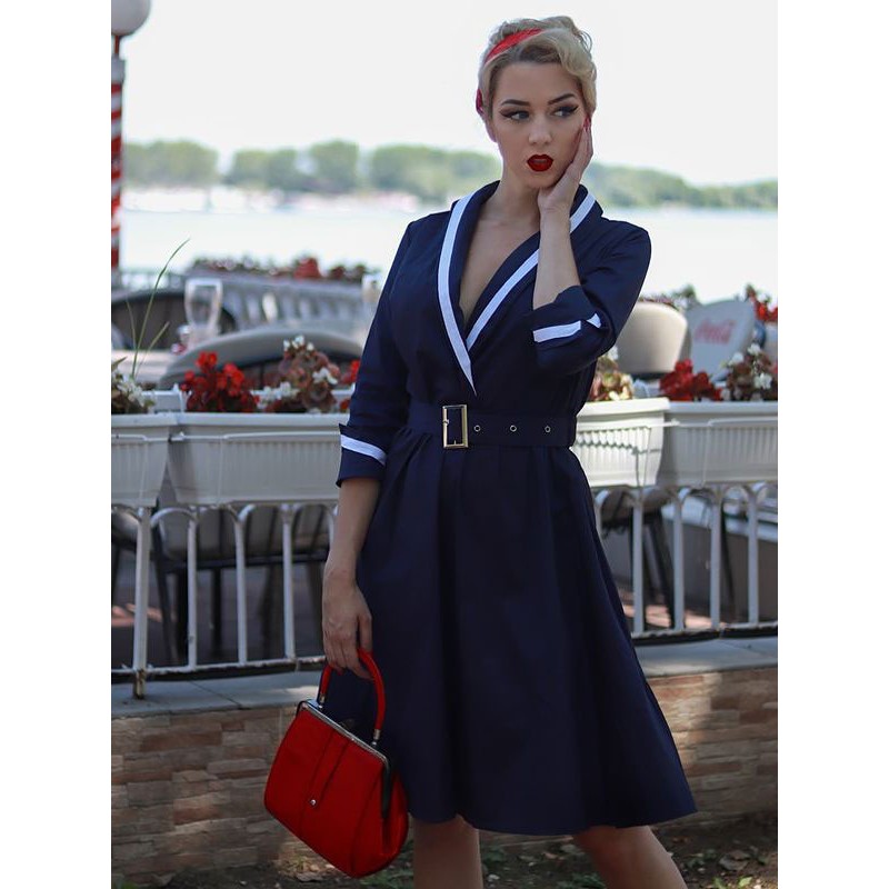 Women Dresses 1950s Audrey Hepburn Style Dark Navy Two Tone Belted Long Sleeve V Neck Midi Dress Vintage Holiday