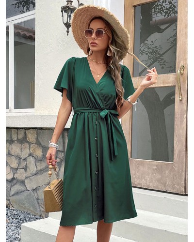 Lace Up Tatting Classic V-Neck Short Sleeves Midi Dress Summer Field