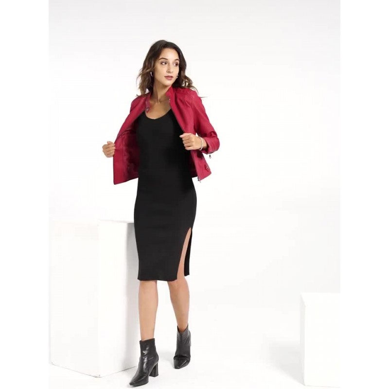 Faux Leather Jacket Stand Collar Zipper Red Solid Color PU Spring Biker Outerwear For Women Moto Fall