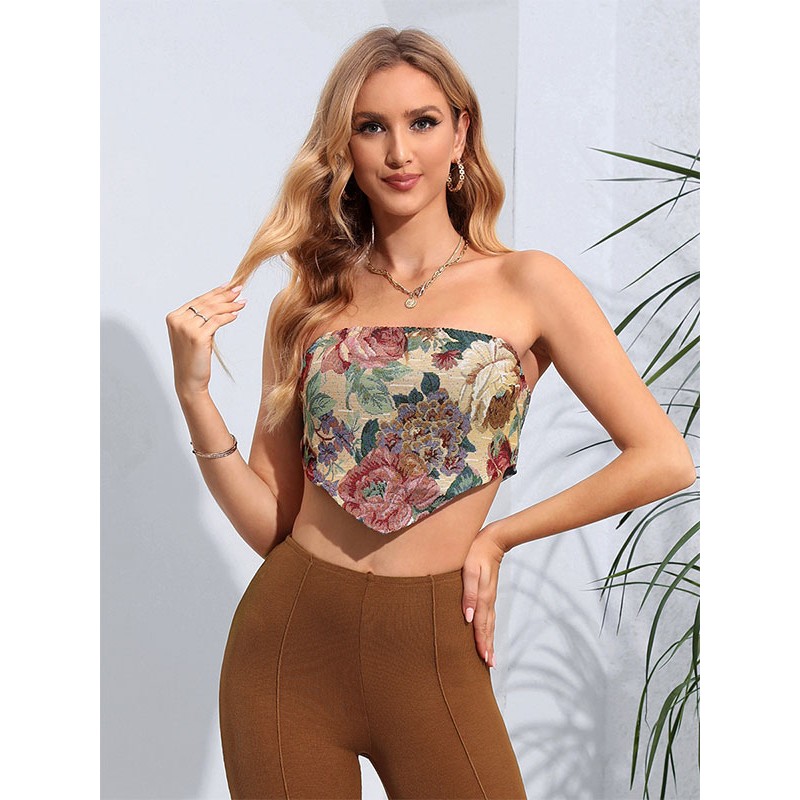 Women Red Cami Top Strapless Open Shoulder Floral Print Camis Sexy Street Wear