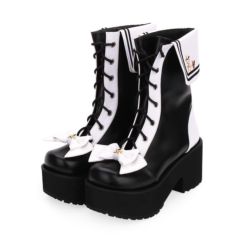 Classic Lolita Boots Lace Up Bow Two Tone Platform Black Lolita Shoes Daily Casual Tea Party