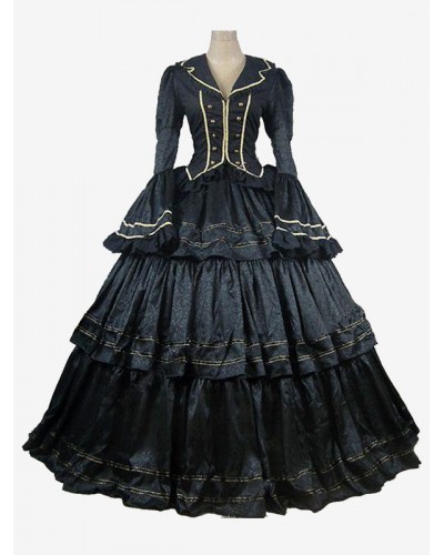 Women Black Costumes Ruffles Polyester Top 's Set Marie Antoinette Costume Masquerade Ball Gown Sets Royal Retro