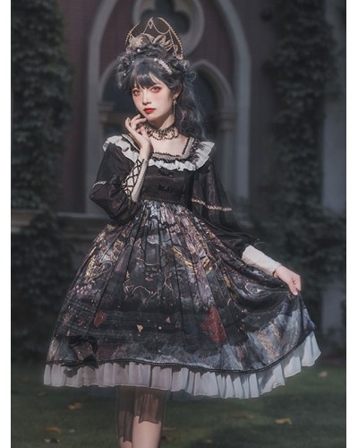 Gothic Lolita Dresses Bows Ruffles Floral Print Black