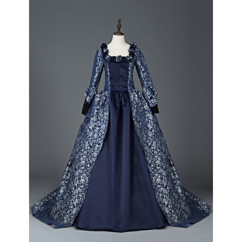 Women Victorian Dress Costume 's Marie Antoinette Dark Navy Ball Gown Floral Print Square Neckline Long Sleeves Victorian Era Style Vintage Dress Halloween Sets Victorian Era